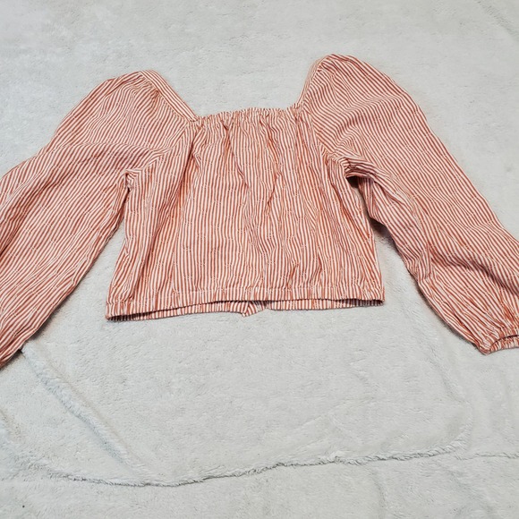Madewell White Orange Striped Preppy Cottagecore Boho‎ Puff Sleeve Cropped Top S - Picture 4 of 8